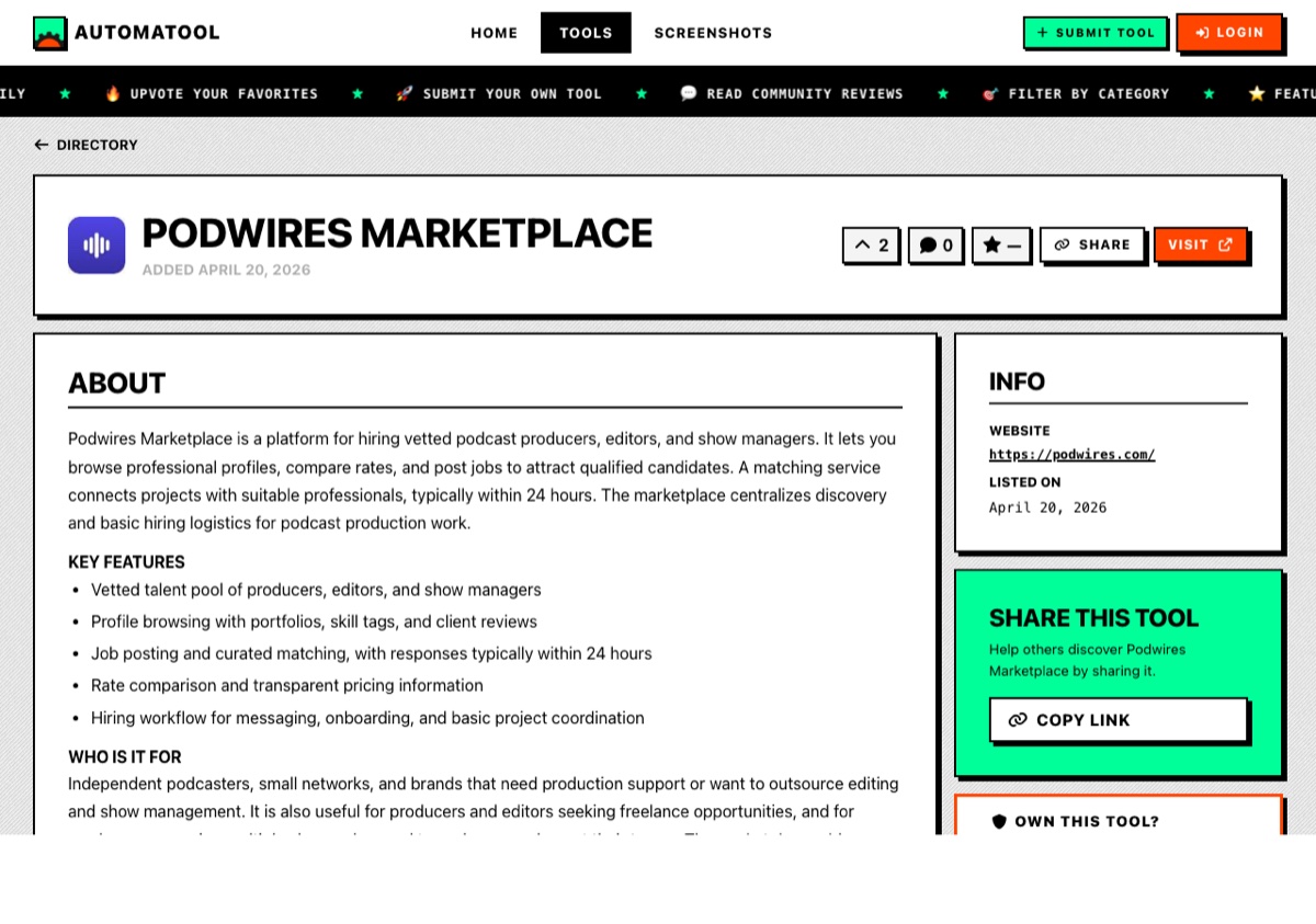 Podwires Marketplace Listed on Automatool Tools Directory